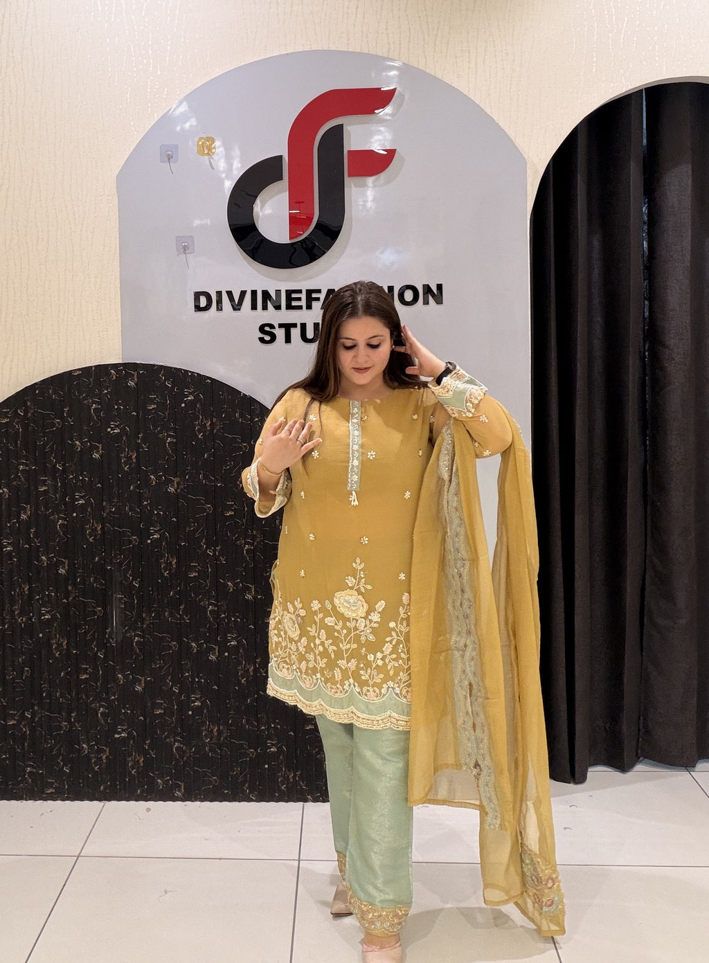 Mustard Yellow Handwork Partywear Dress (L–3XL)