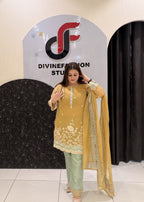 Mustard Yellow Handwork Partywear Dress (L–3XL)