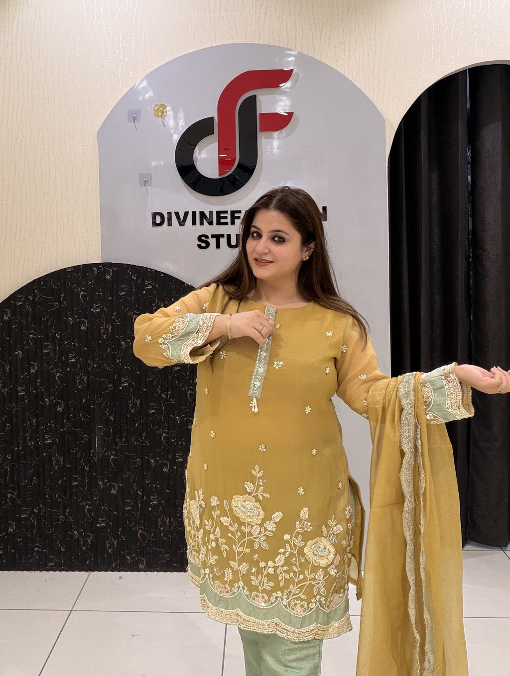 Mustard Yellow Handwork Partywear Dress (L–3XL)