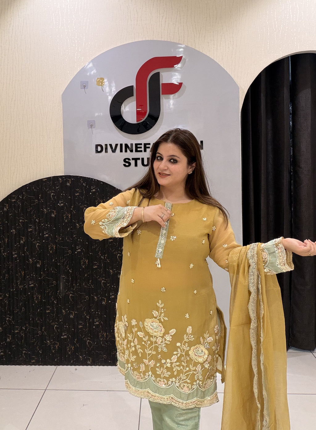 Mustard Yellow Handwork Partywear Dress (L–3XL)
