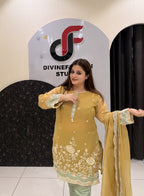 Mustard Yellow Handwork Partywear Dress (L–3XL)