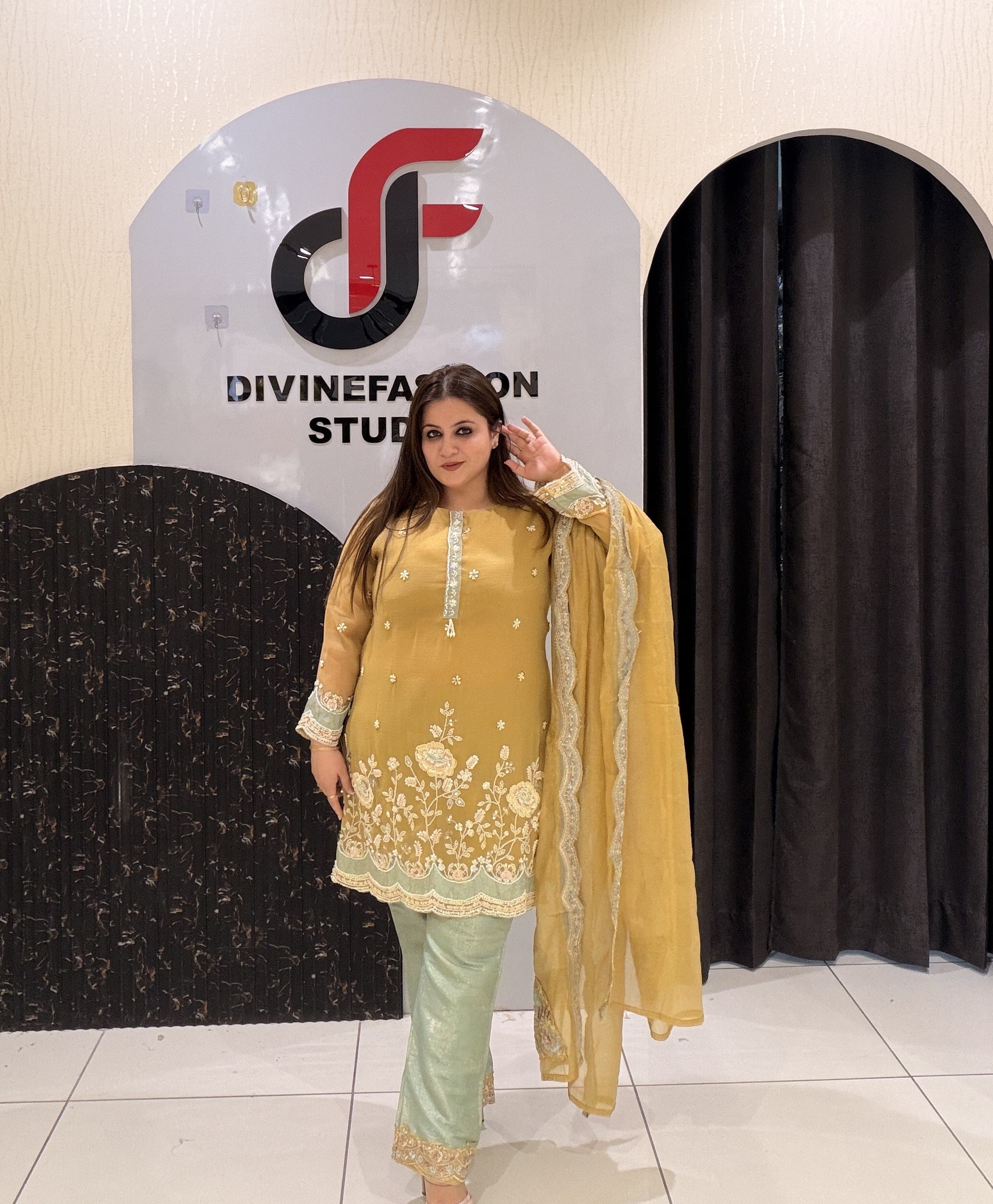 Mustard Yellow Handwork Partywear Dress (L–3XL)