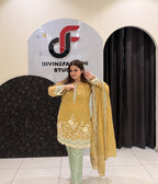 Mustard Yellow Handwork Partywear Dress (L–3XL)