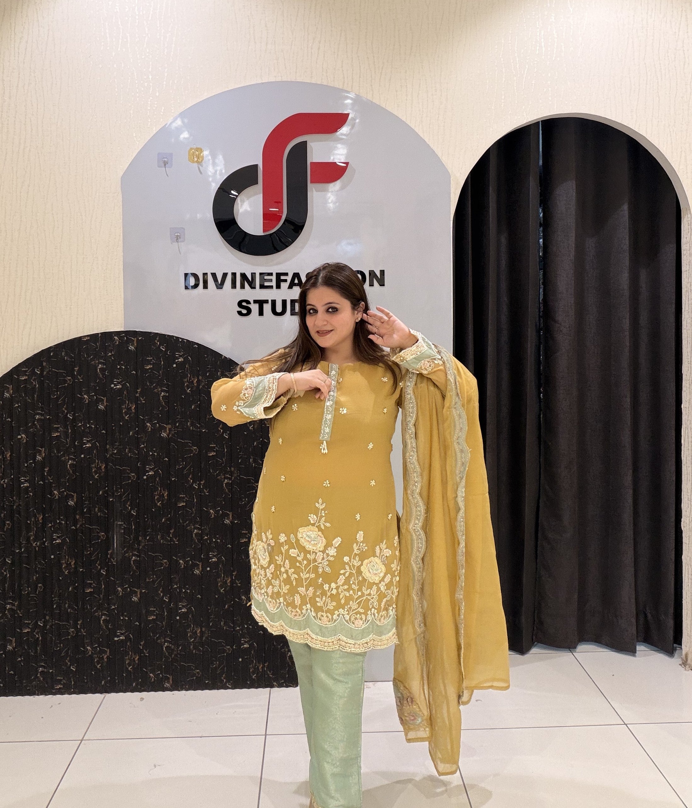 Mustard Yellow Handwork Partywear Dress (L–3XL)
