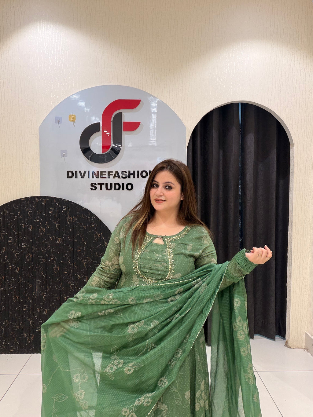 Green Cotton Anarkali Suit Set with Dupatta