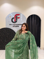 Green Cotton Anarkali Suit Set with Dupatta