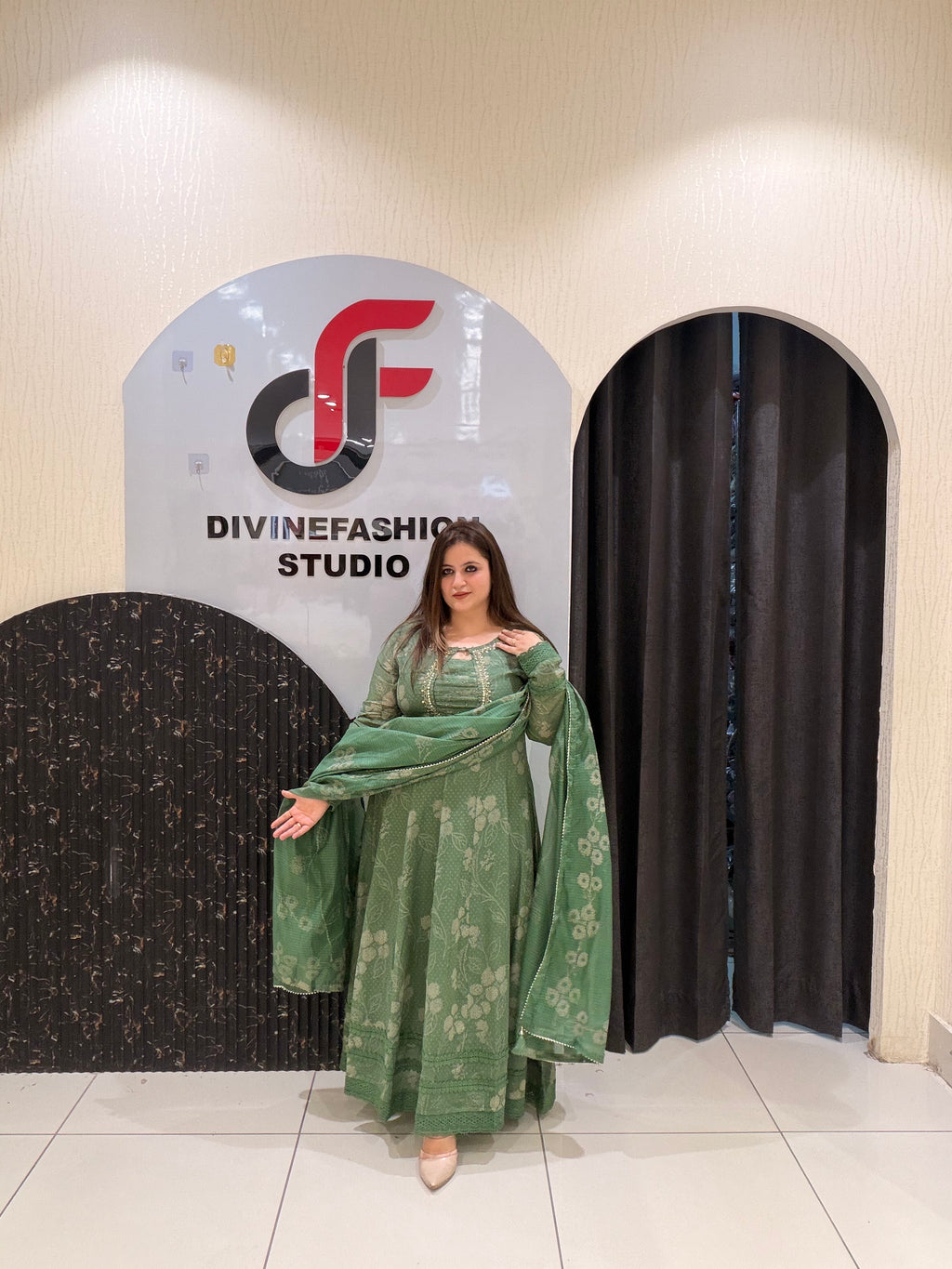 Green Cotton Anarkali Suit Set with Dupatta