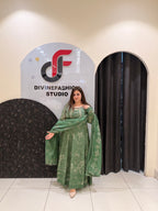 Green Cotton Anarkali Suit Set with Dupatta