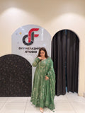 Green Cotton Anarkali Suit Set with Dupatta