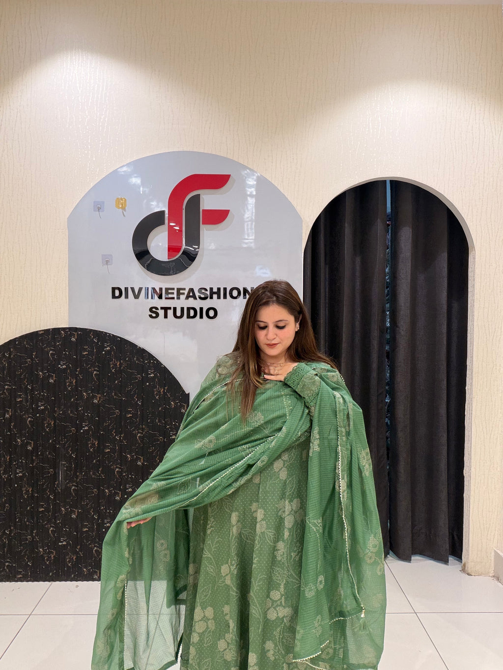 Green Cotton Anarkali Suit Set with Dupatta
