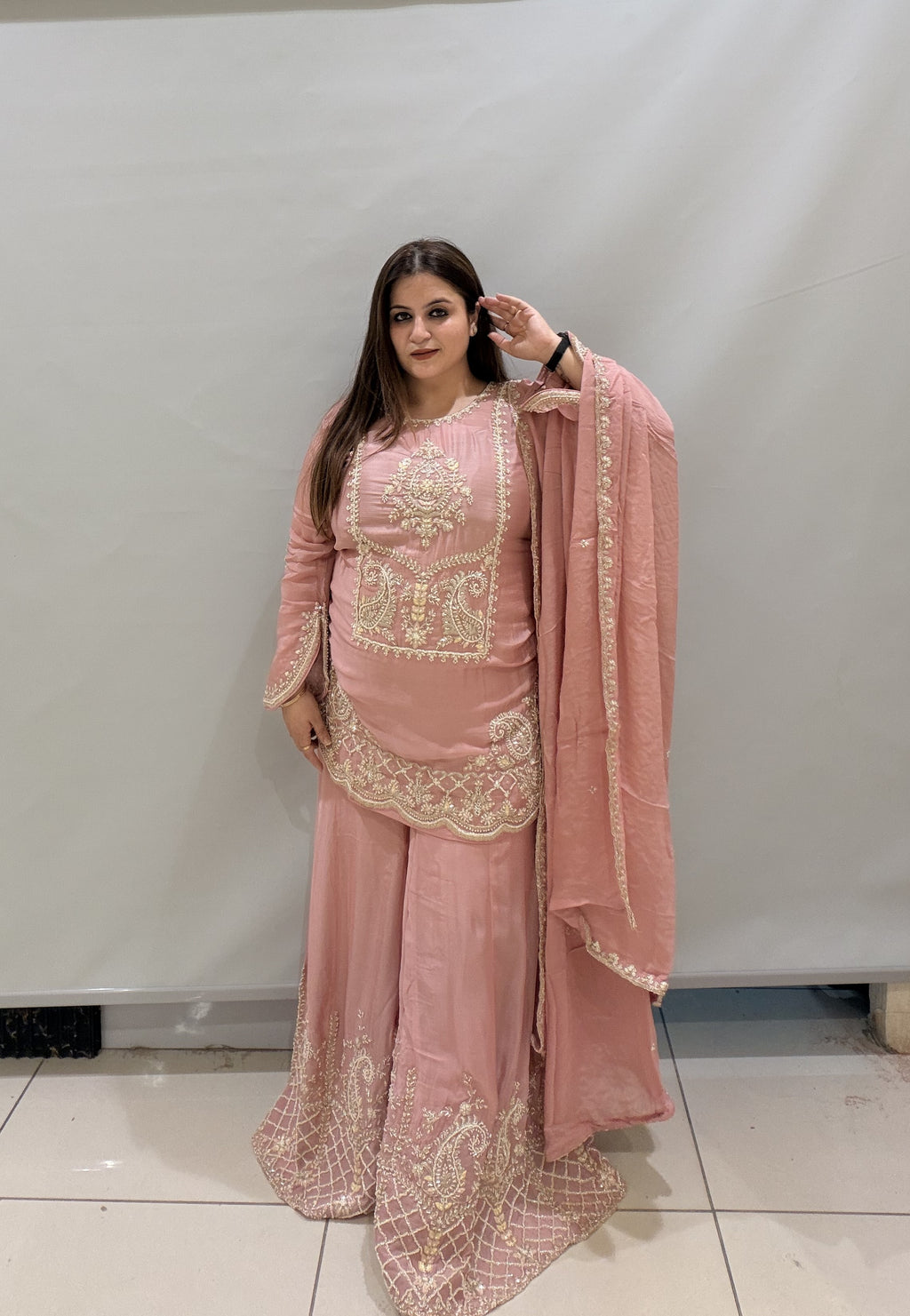 Elegant Pink Partywear Sharara Suit with Heavy Embroidery