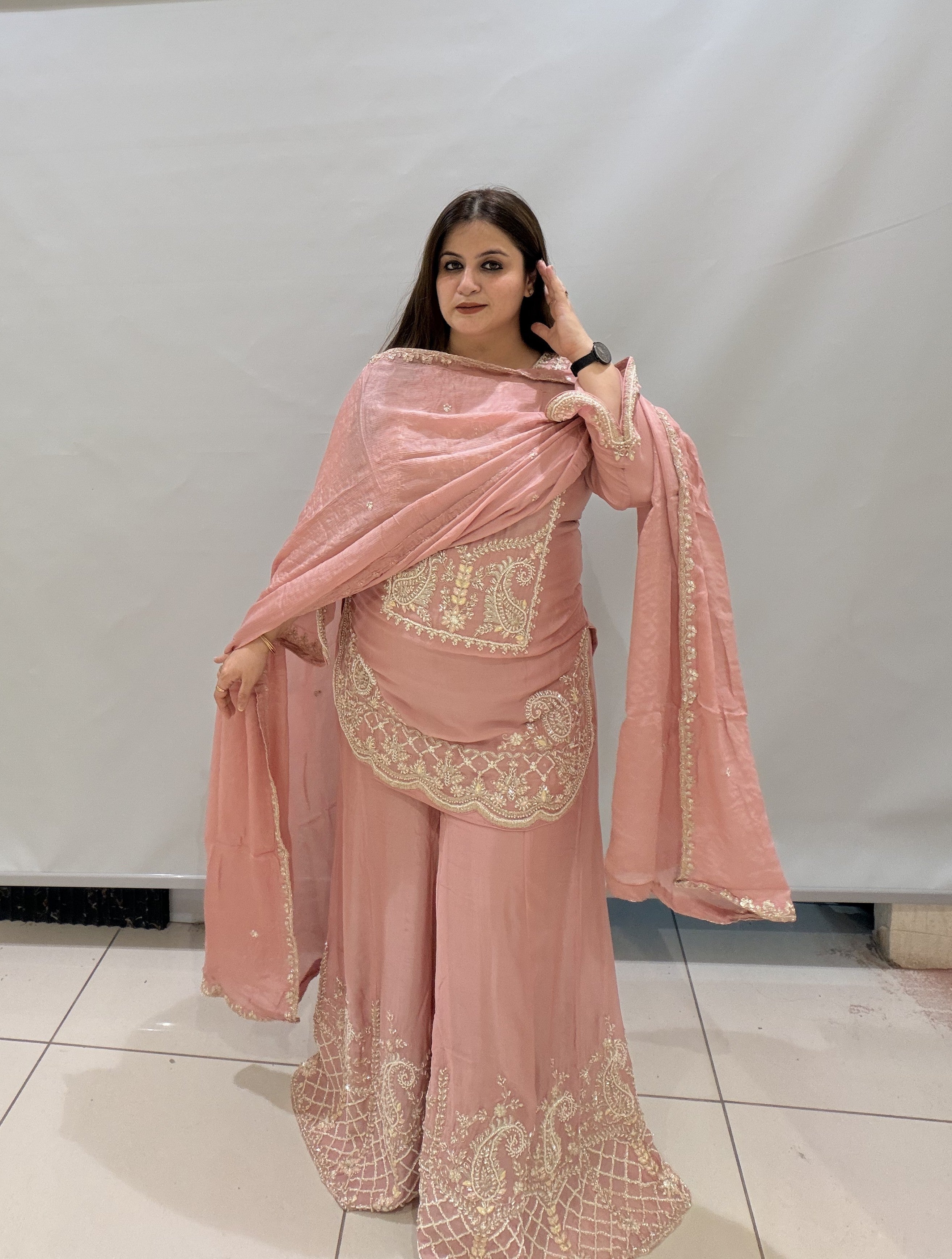 Elegant Pink Partywear Sharara Suit with Heavy Embroidery