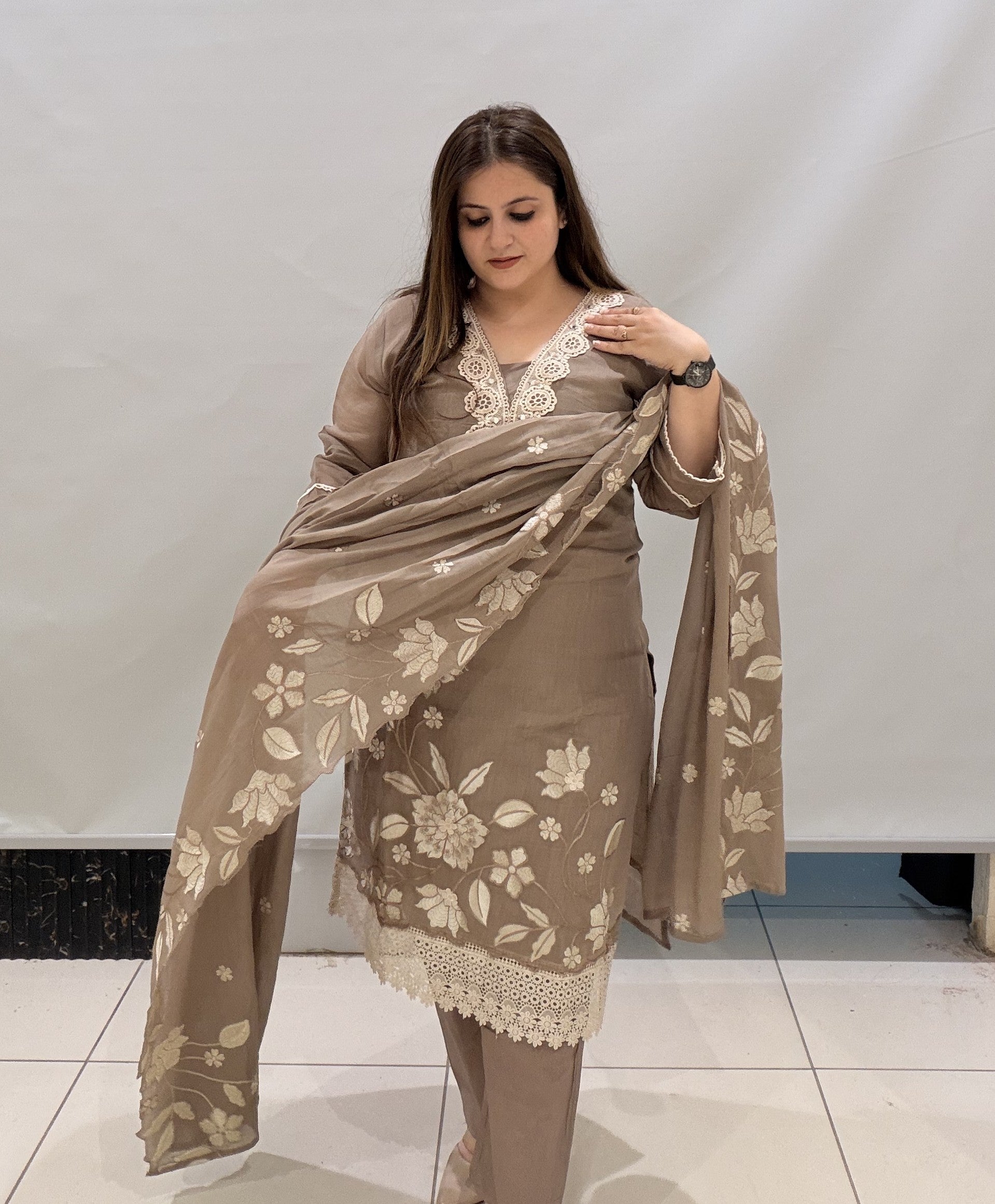 Elegant Taupe Pakistani Embroidered Suit Set