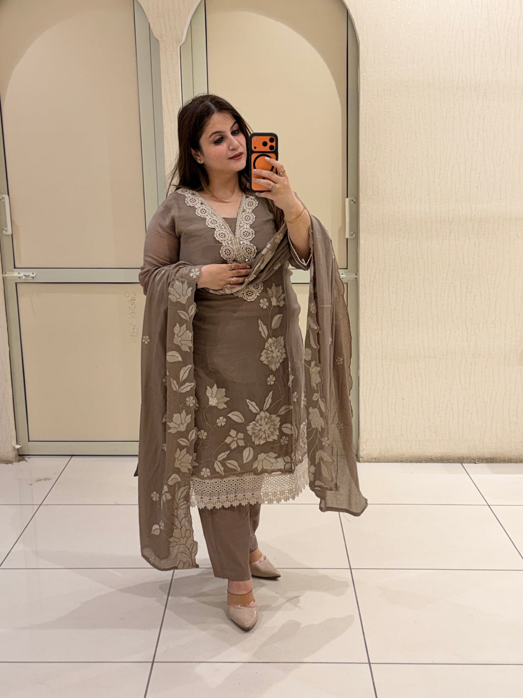 Elegant Taupe Pakistani Embroidered Suit Set