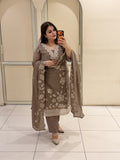 Elegant Taupe Pakistani Embroidered Suit Set