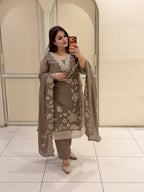 Elegant Taupe Pakistani Embroidered Suit Set