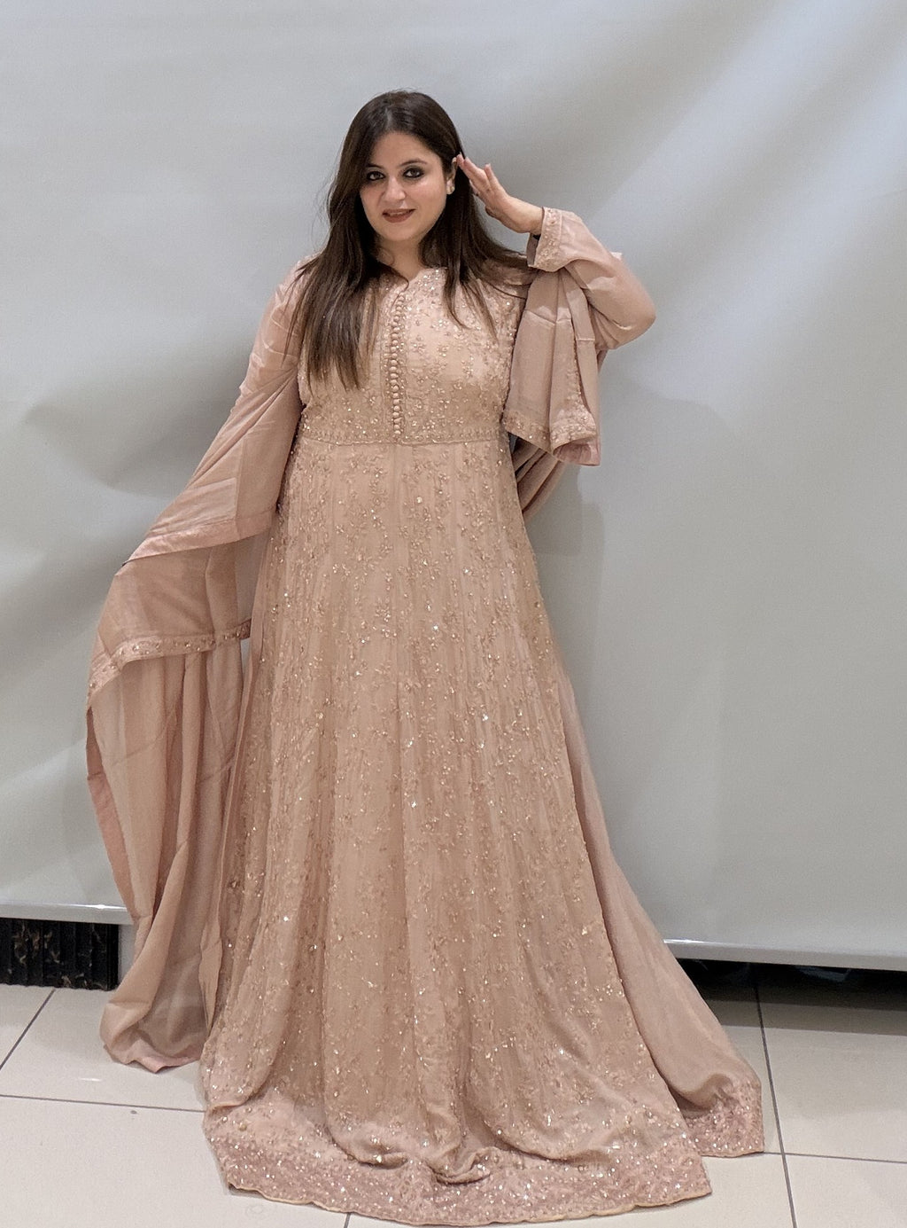 Designer Sequin Partywear Gown with Dupatta – Available in Black & Blush Pink