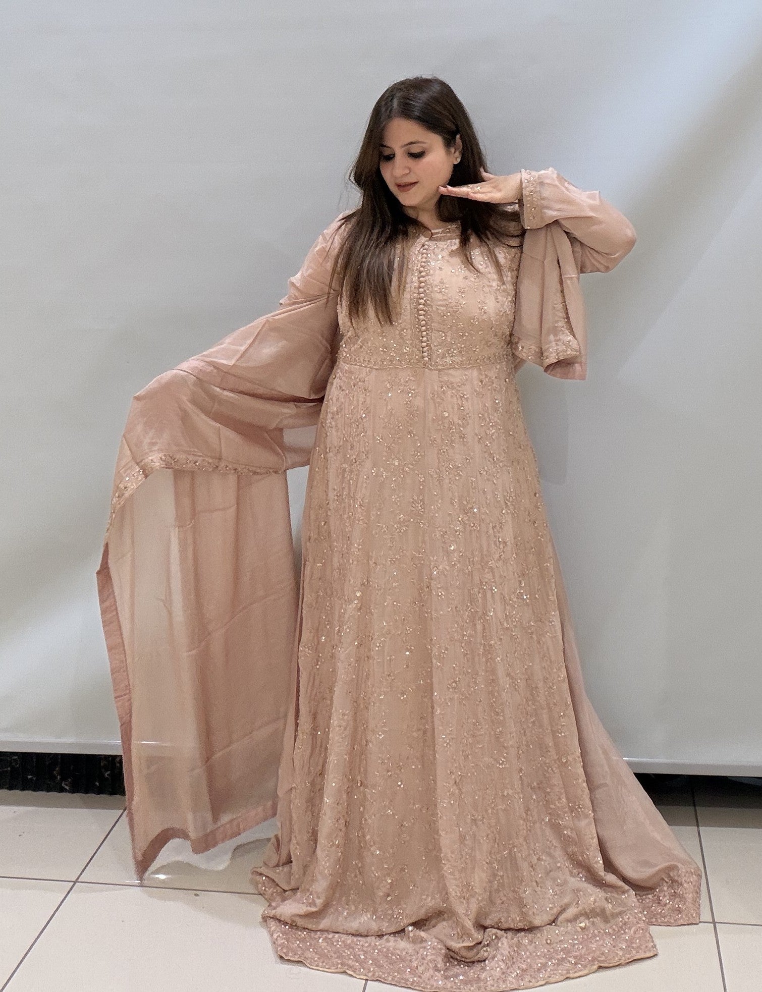 Designer Sequin Partywear Gown with Dupatta – Available in Black & Blush Pink