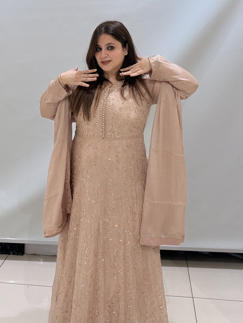 Designer Sequin Partywear Gown with Dupatta – Available in Black & Blush Pink