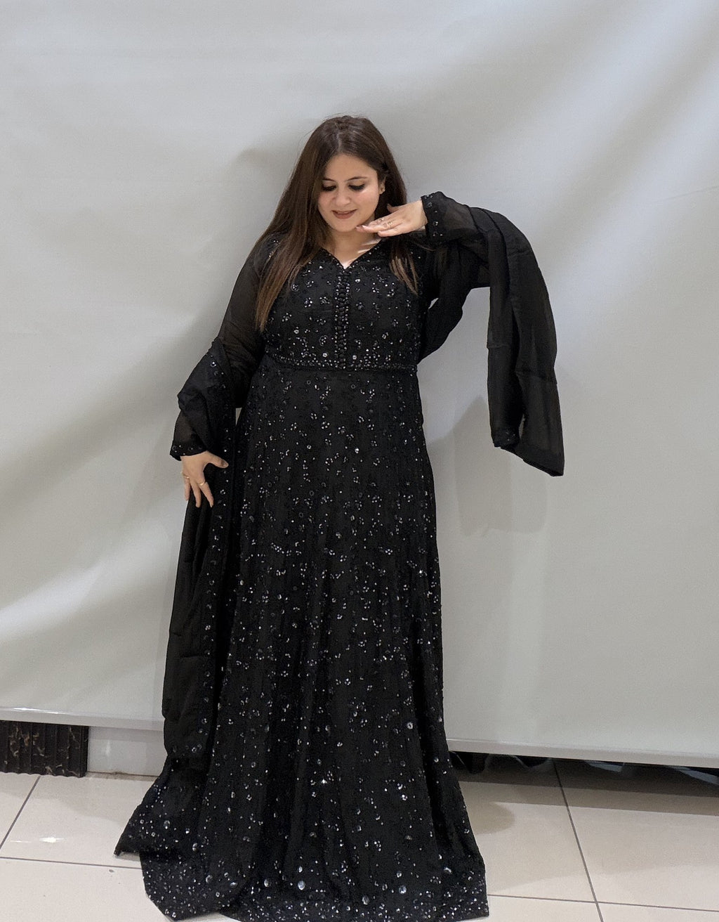 Designer Sequin Partywear Gown with Dupatta – Available in Black & Blush Pink