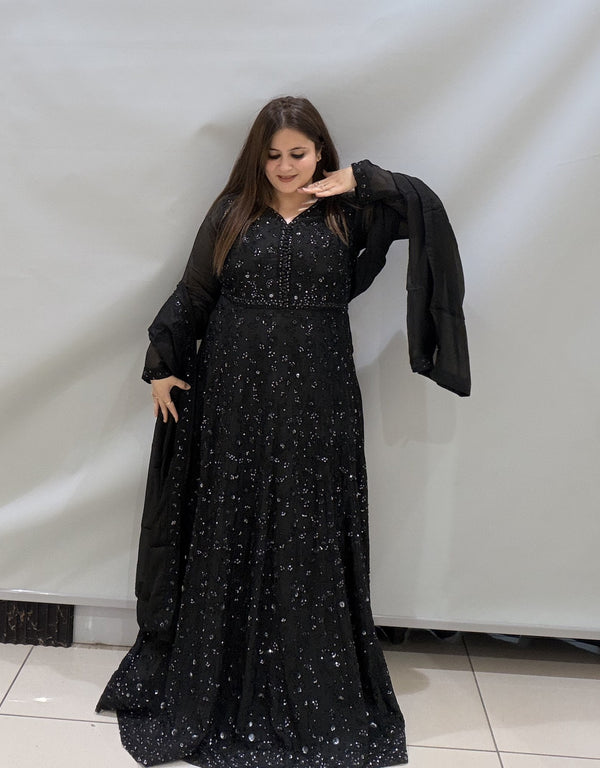 Designer Sequin Partywear Gown with Dupatta – Available in Black & Blush Pink