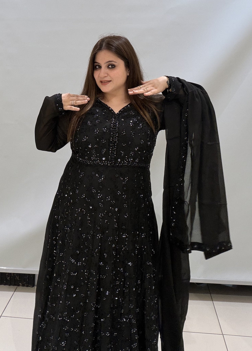 Designer Sequin Partywear Gown with Dupatta – Available in Black & Blush Pink