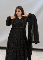 Designer Sequin Partywear Gown with Dupatta – Available in Black & Blush Pink