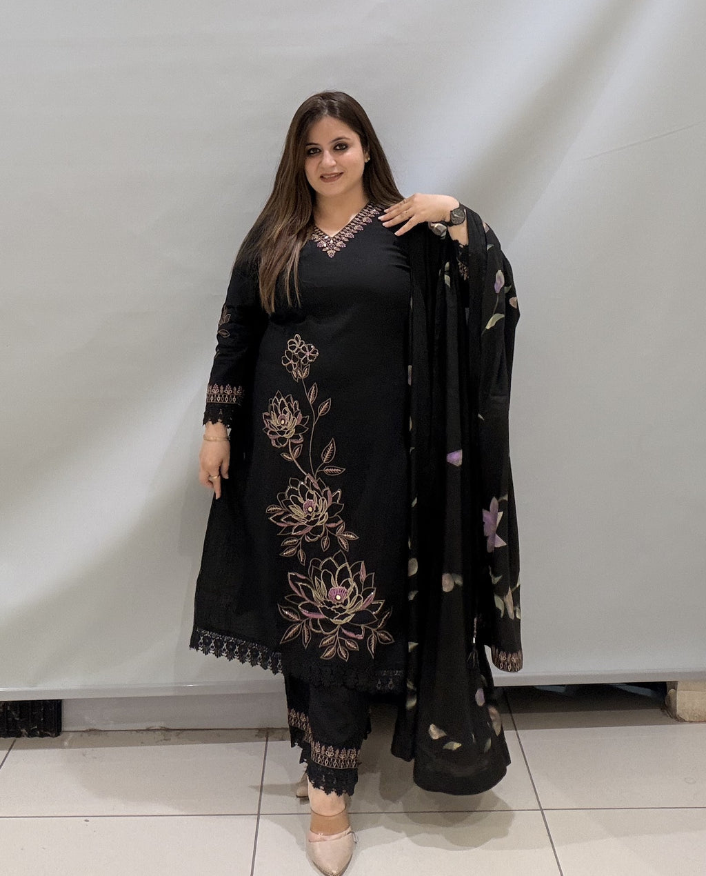 Black Cotton Suit with Hand-Painted Dupatta