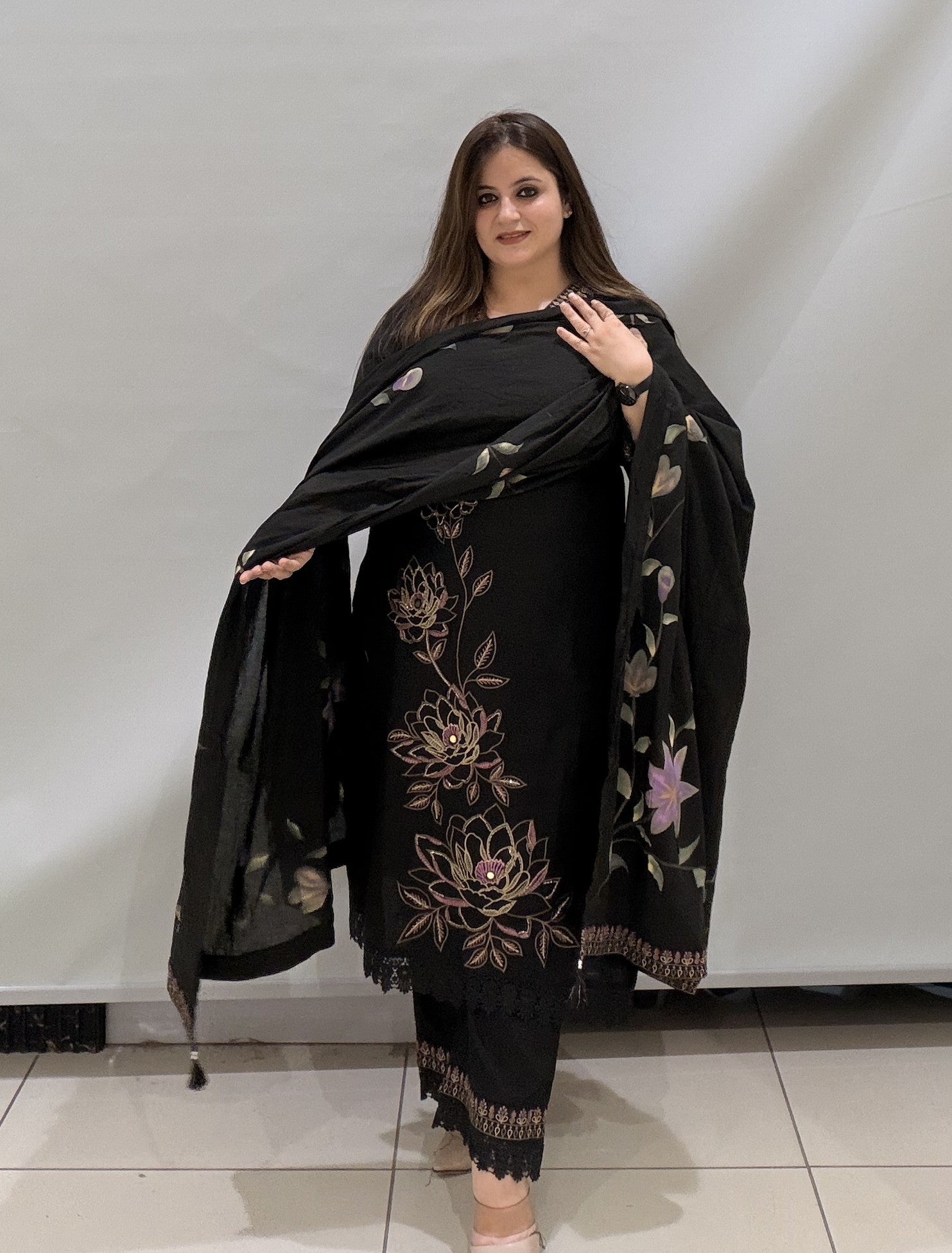 Black Cotton Suit with Hand-Painted Dupatta