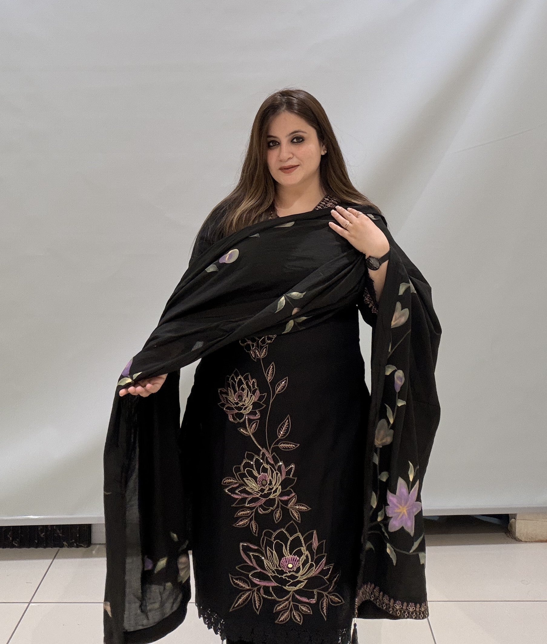 Black Cotton Suit with Hand-Painted Dupatta