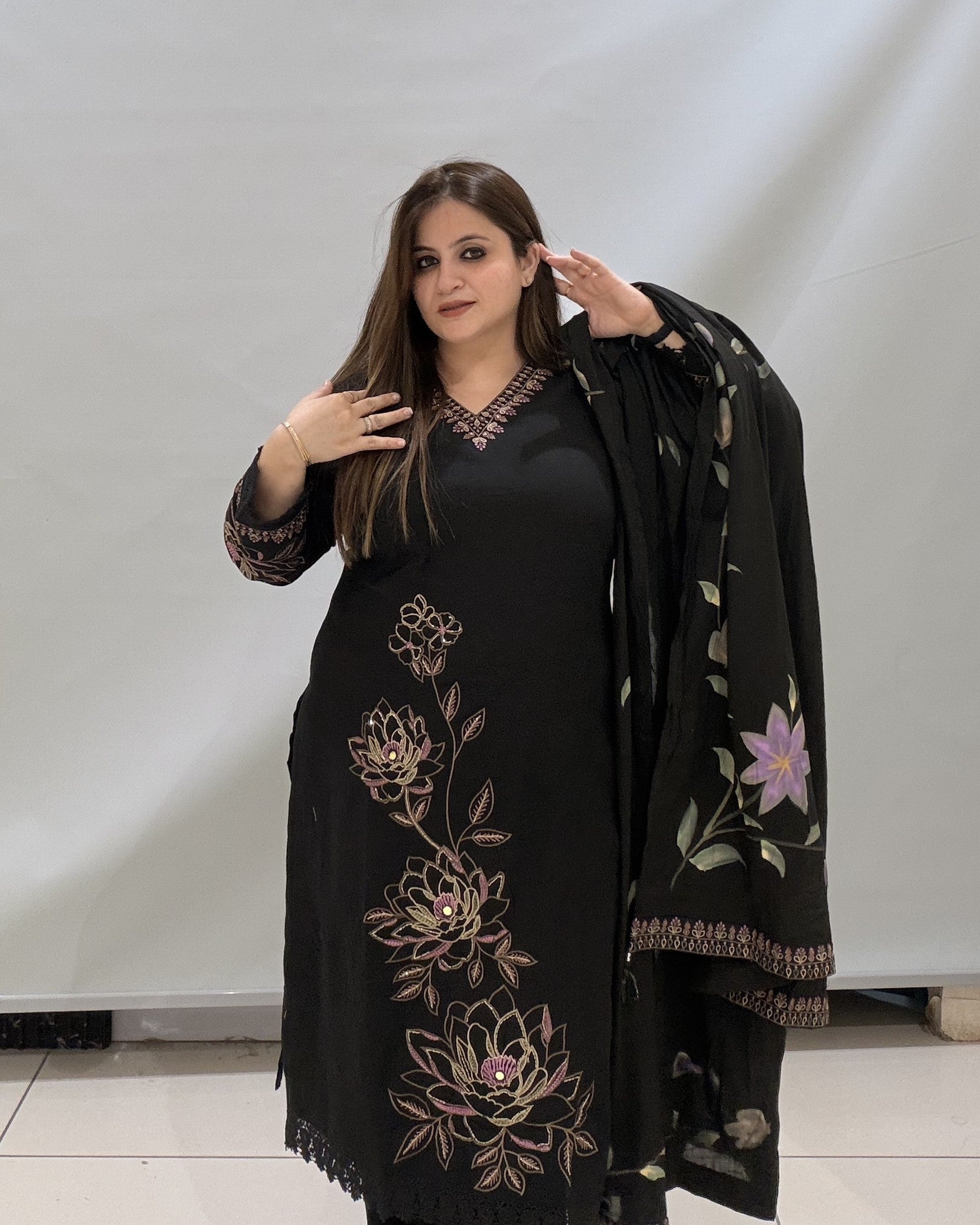 Black Cotton Suit with Hand-Painted Dupatta