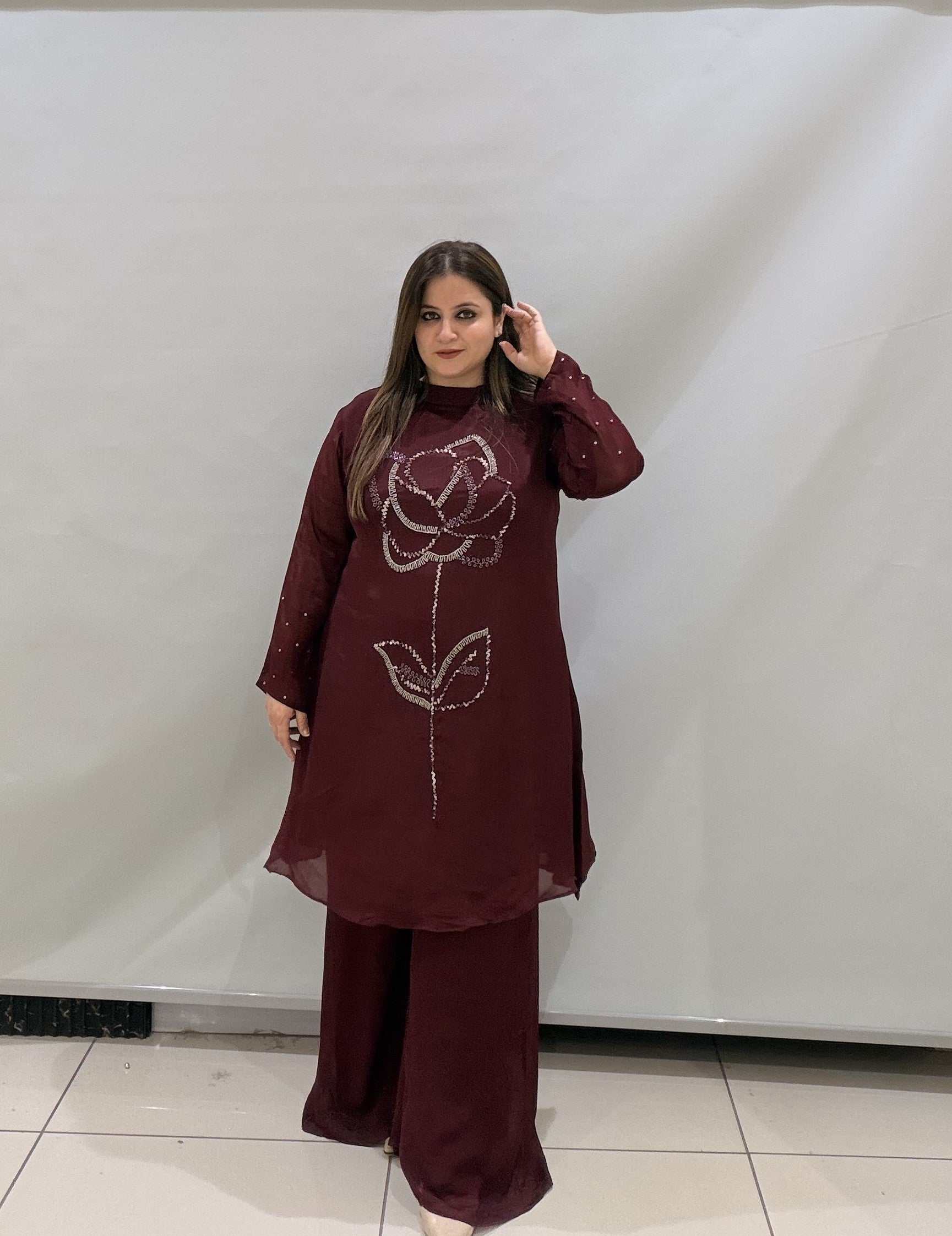Premium Maroon Chinon Handwork Dress for Women