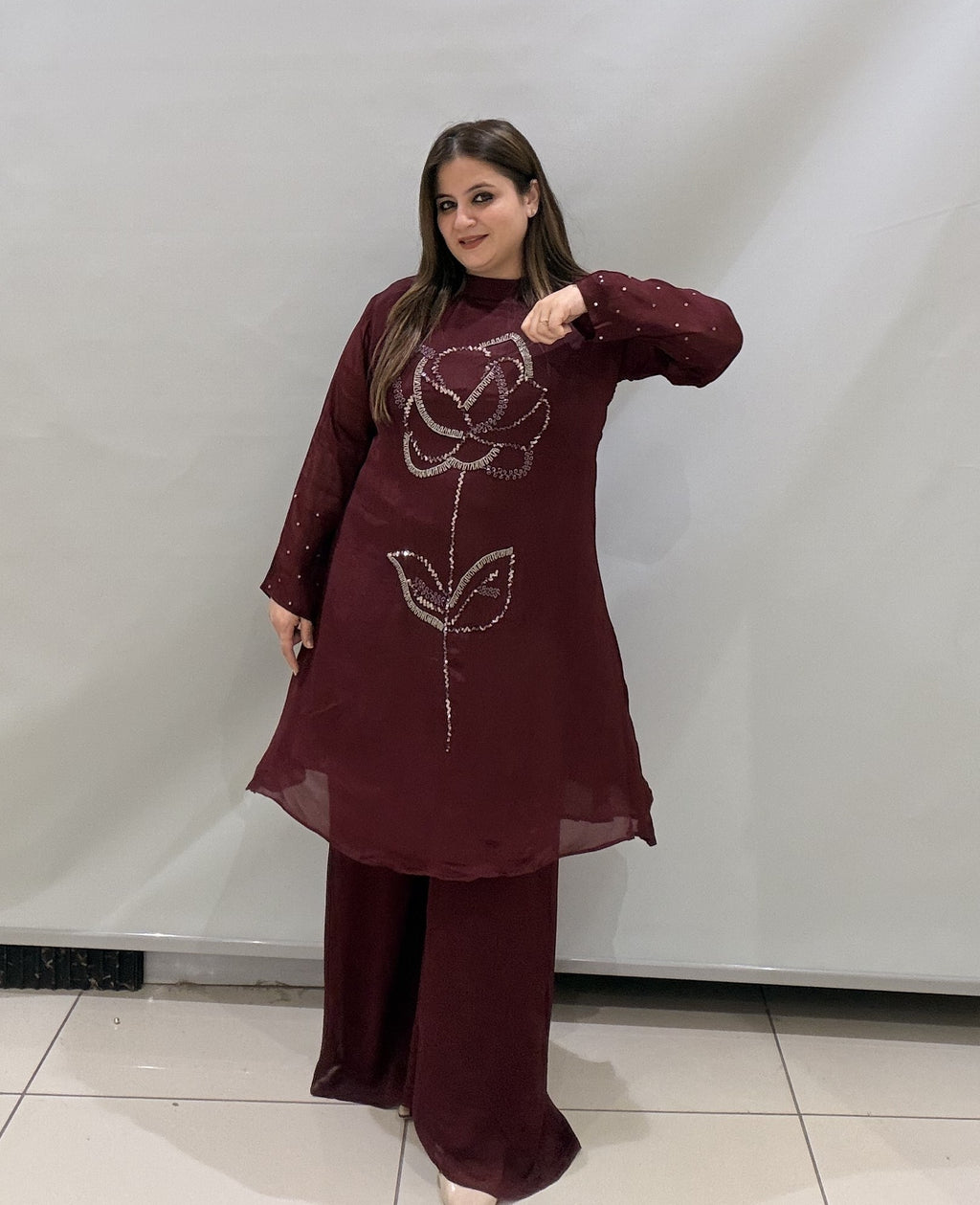 Premium Maroon Chinon Handwork Dress for Women