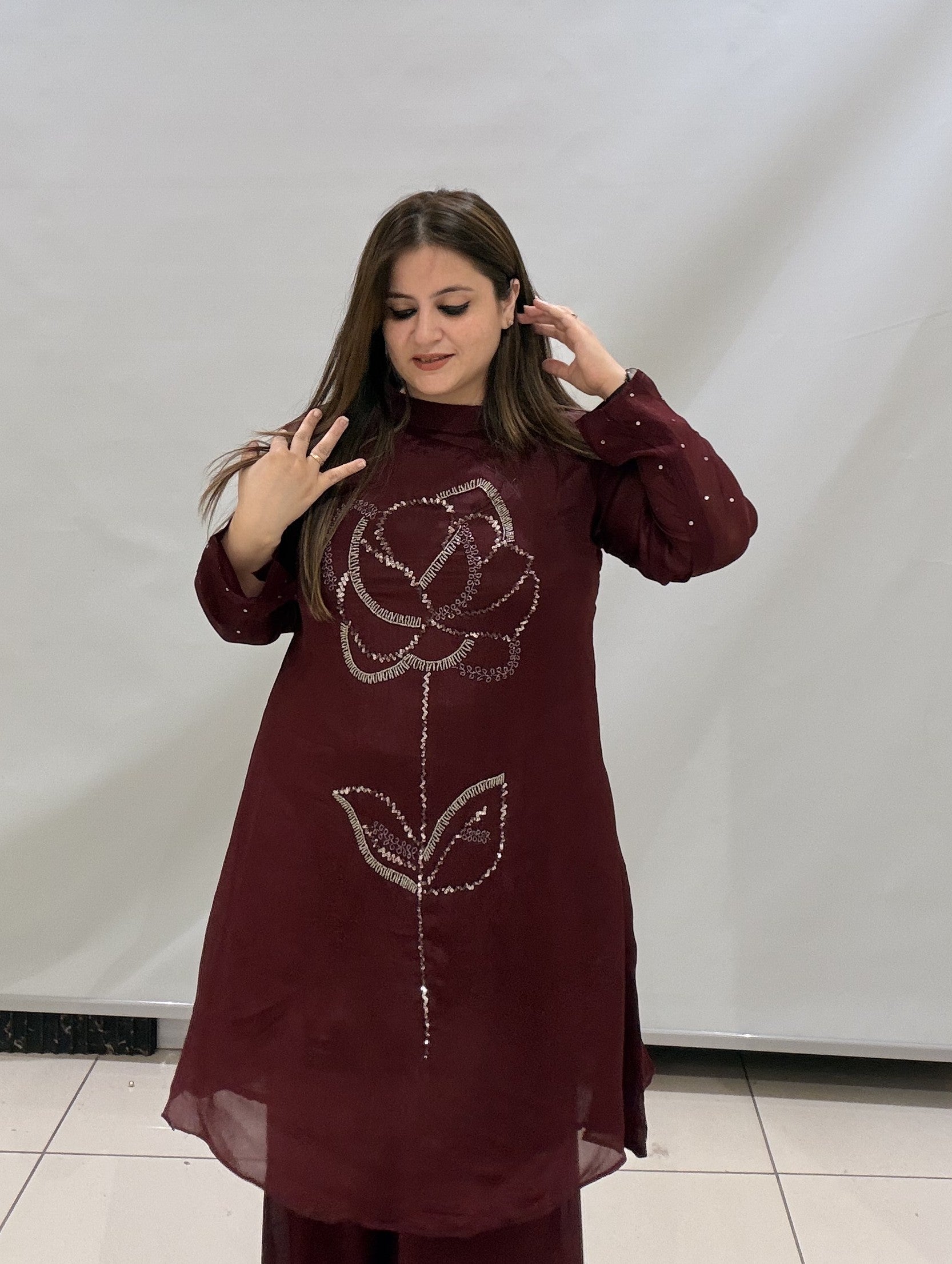 Premium Maroon Chinon Handwork Dress for Women
