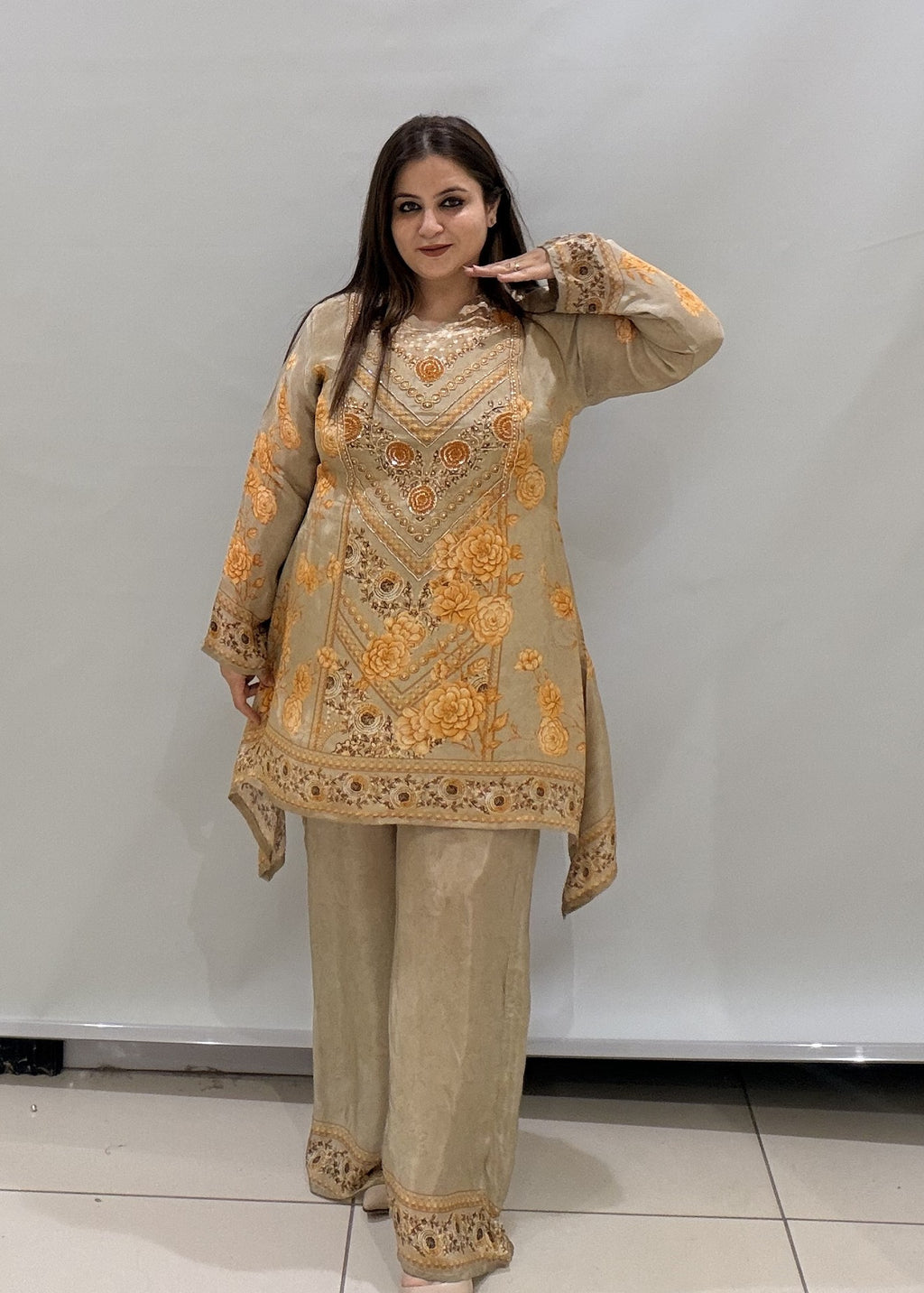 Luxury Beige & Gold Embroidered Traditional Suit