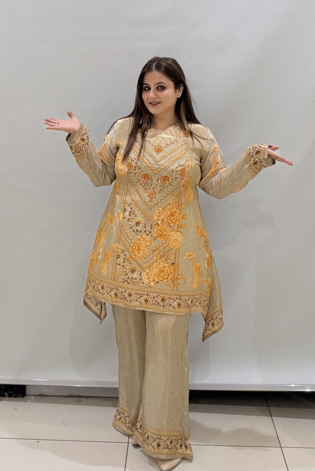 Luxury Beige & Gold Embroidered Traditional Suit