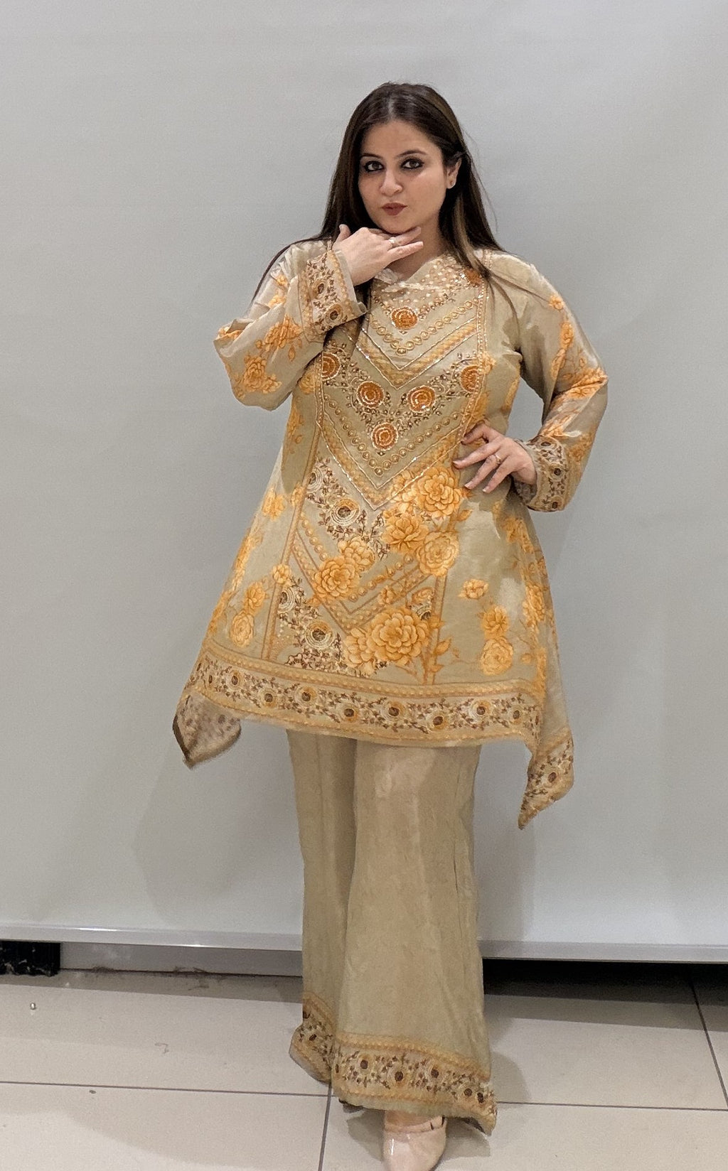 Luxury Beige & Gold Embroidered Traditional Suit