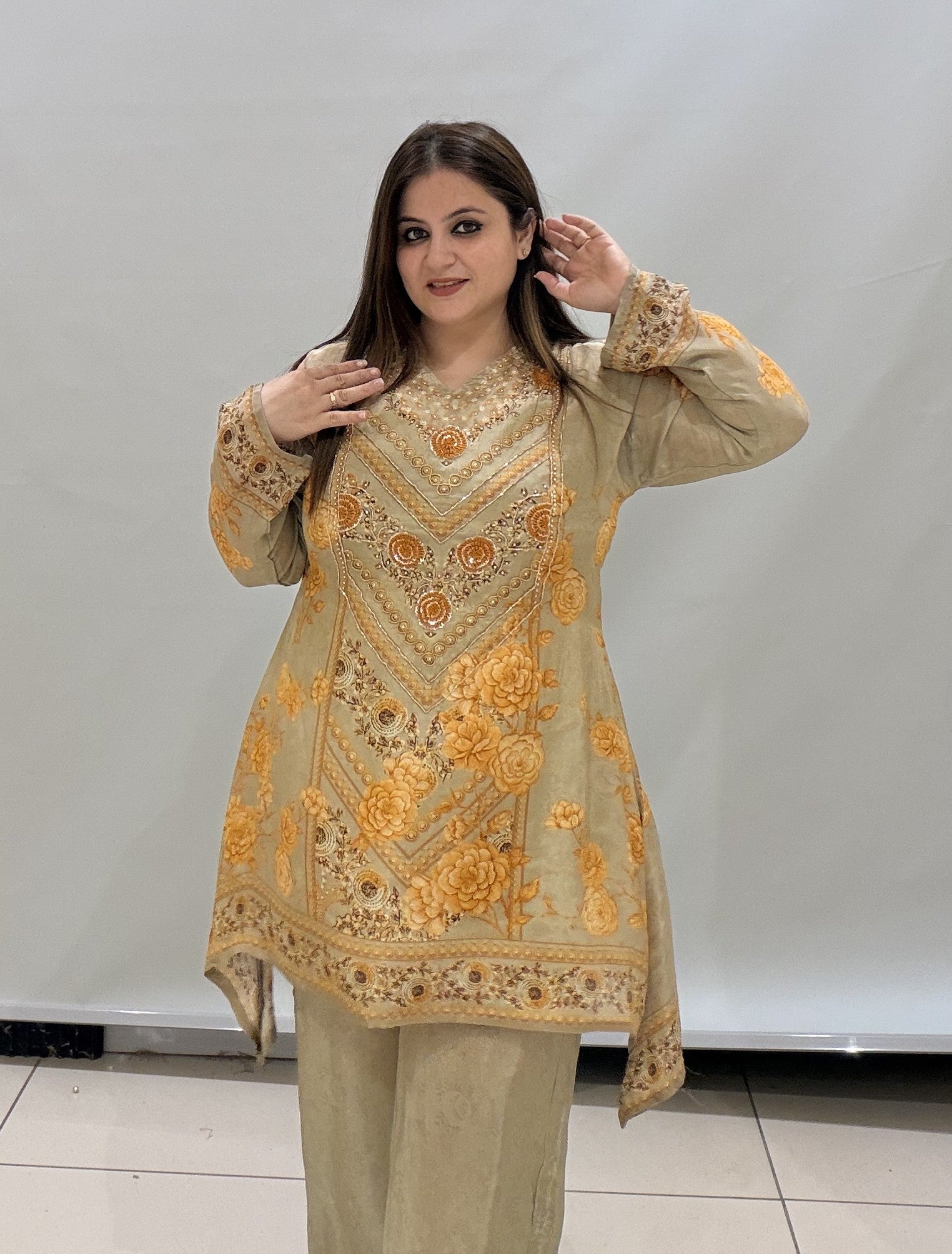 Luxury Beige & Gold Embroidered Traditional Suit