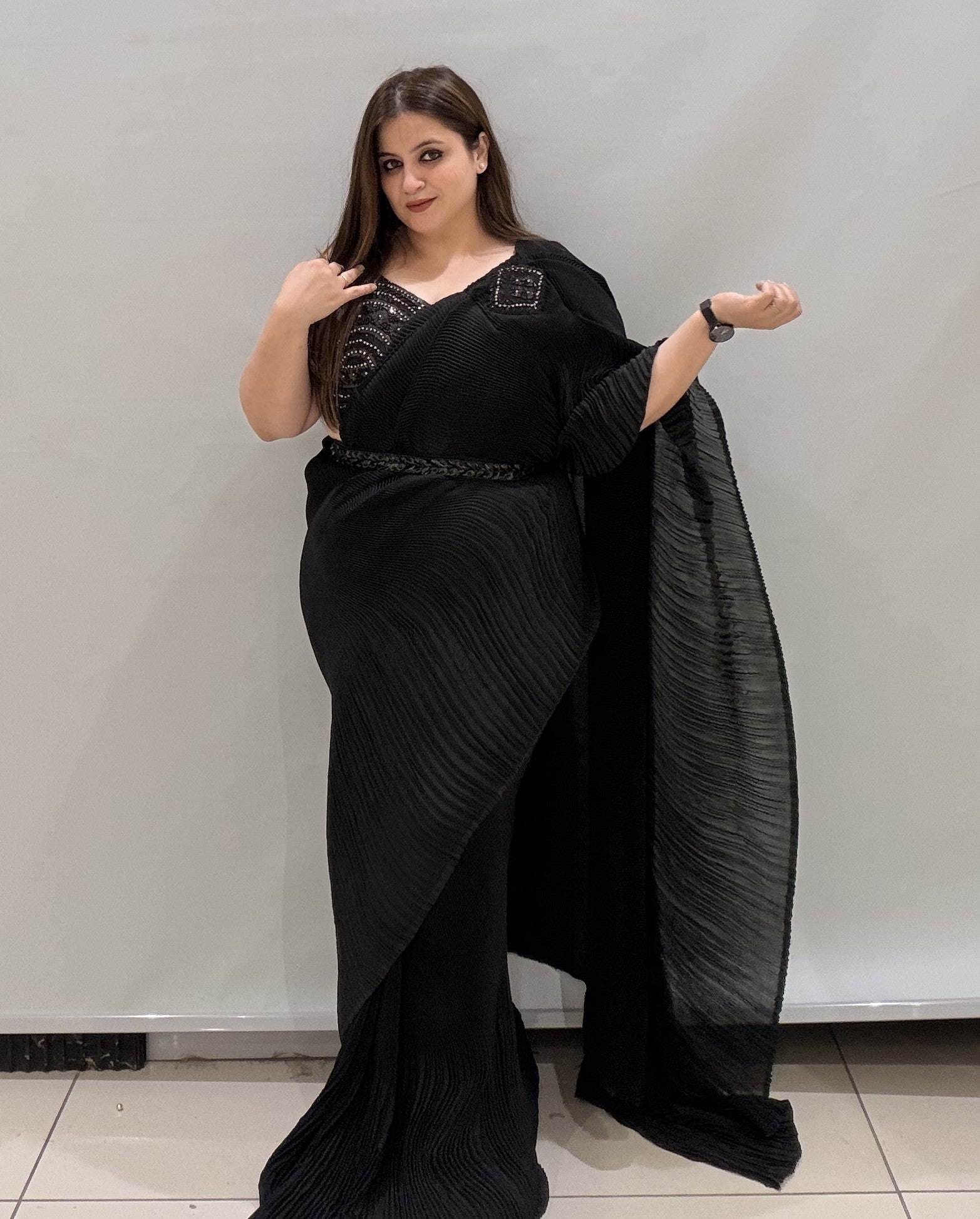 Premium Black Crushed Designer Saree with Embellished Blouse