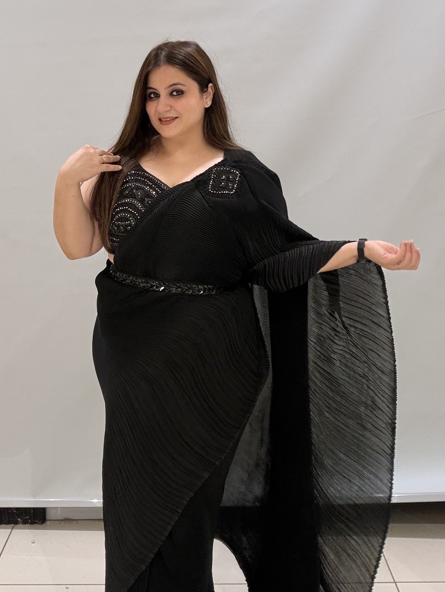 Premium Black Crushed Designer Saree with Embellished Blouse