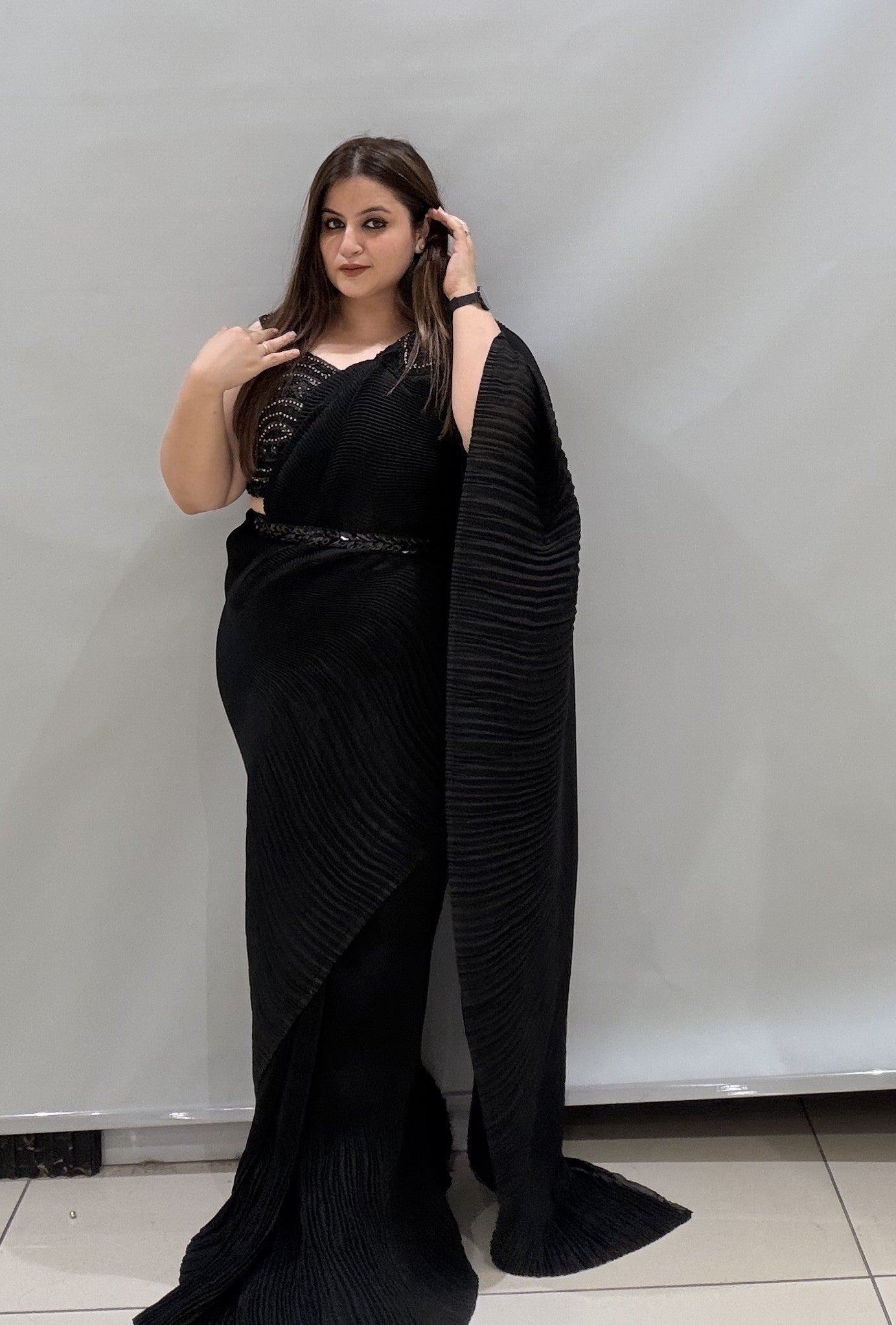 Premium Black Crushed Designer Saree with Embellished Blouse