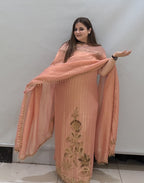 Peach Handwork Unstitched Suit with Embroidered Dupatta