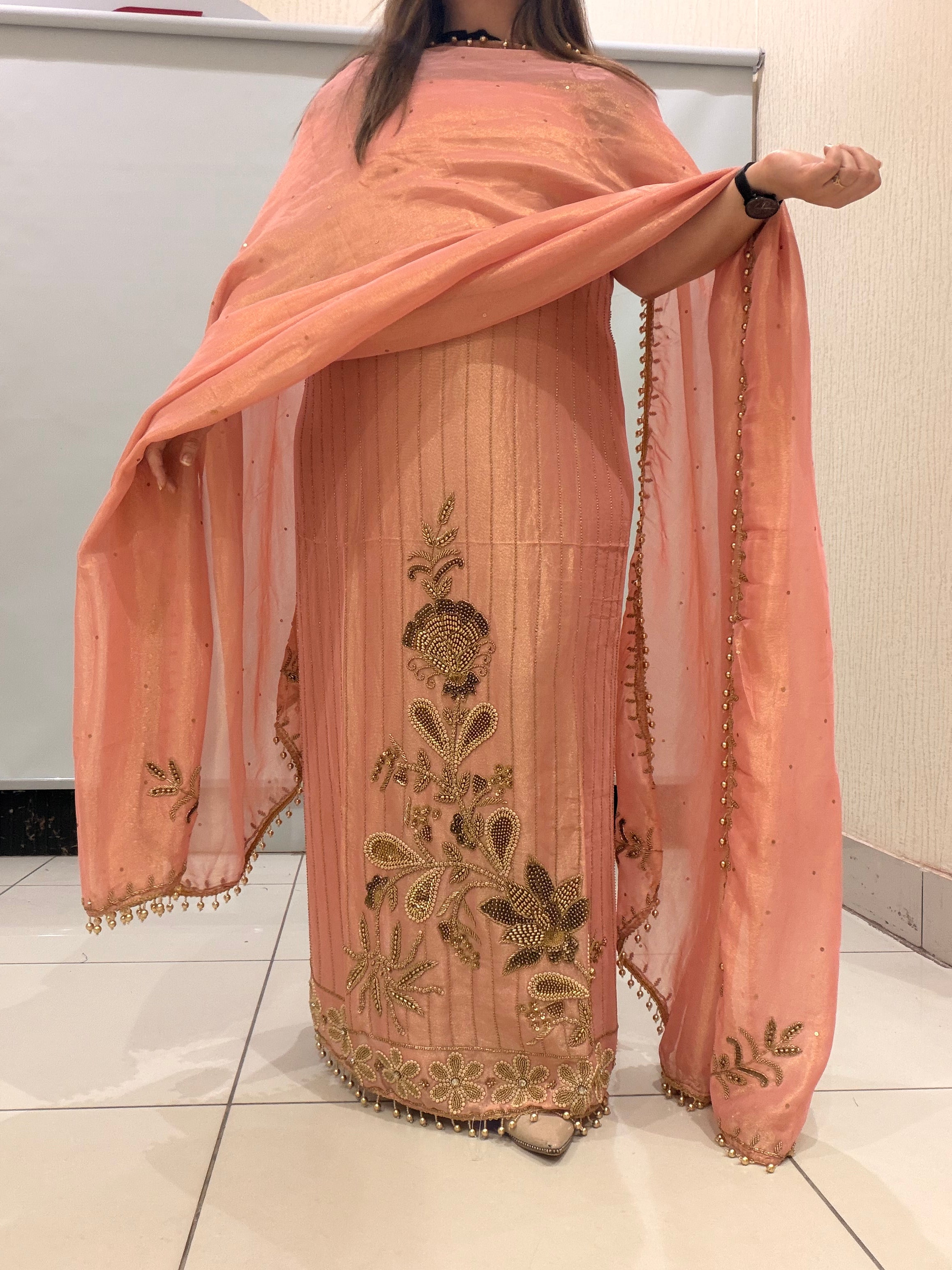 Peach Handwork Unstitched Suit with Embroidered Dupatta