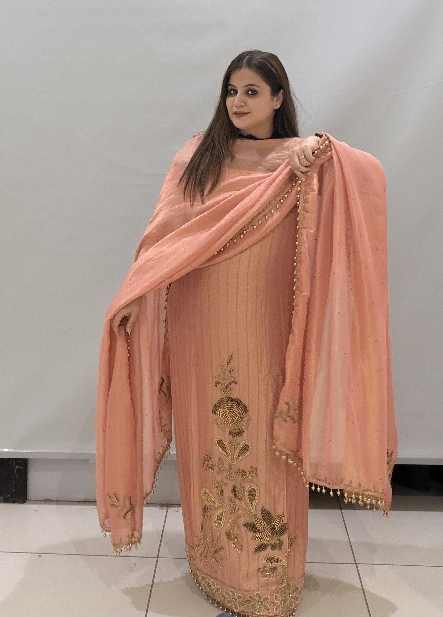Peach Handwork Unstitched Suit with Embroidered Dupatta