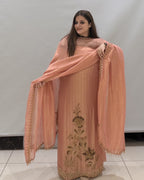 Peach Handwork Unstitched Suit with Embroidered Dupatta