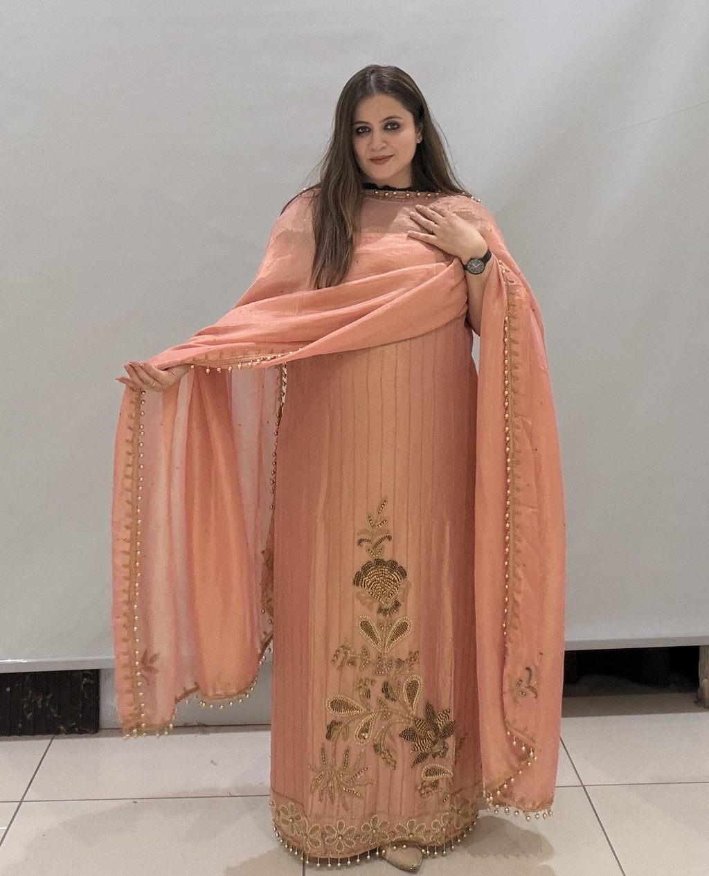 Peach Handwork Unstitched Suit with Embroidered Dupatta