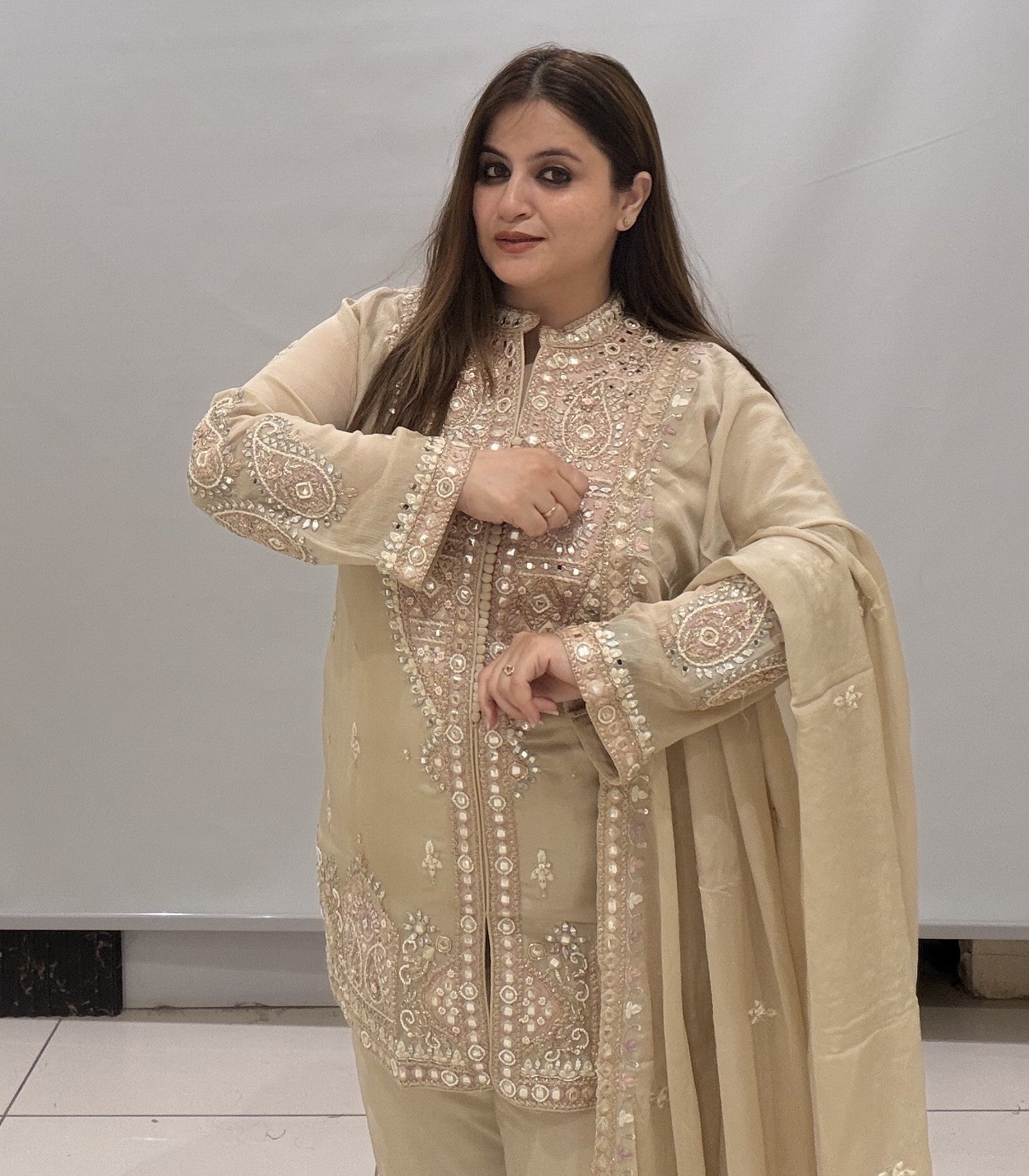 Elegant Beige Party Wear Embroidered Suit Set with Dupatta
