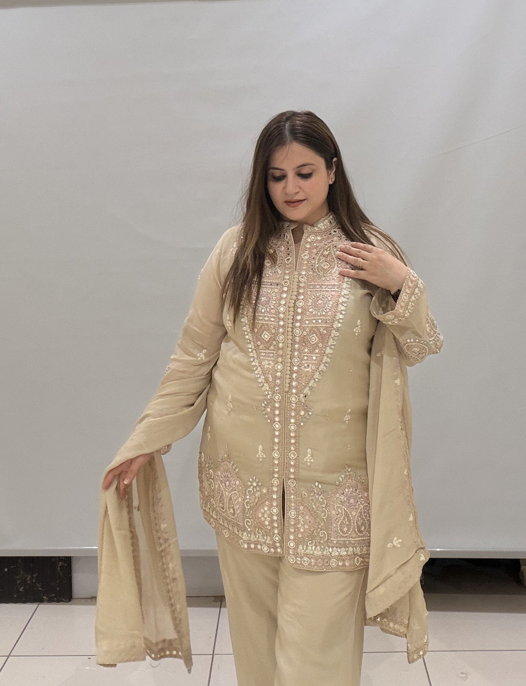Elegant Beige Party Wear Embroidered Suit Set with Dupatta