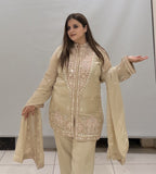 Elegant Beige Party Wear Embroidered Suit Set with Dupatta