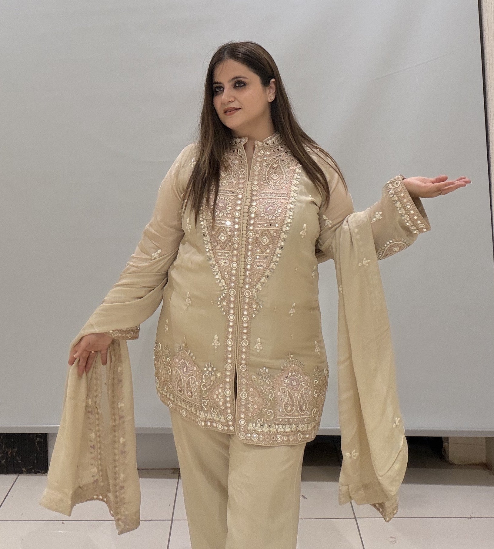 Elegant Beige Party Wear Embroidered Suit Set with Dupatta